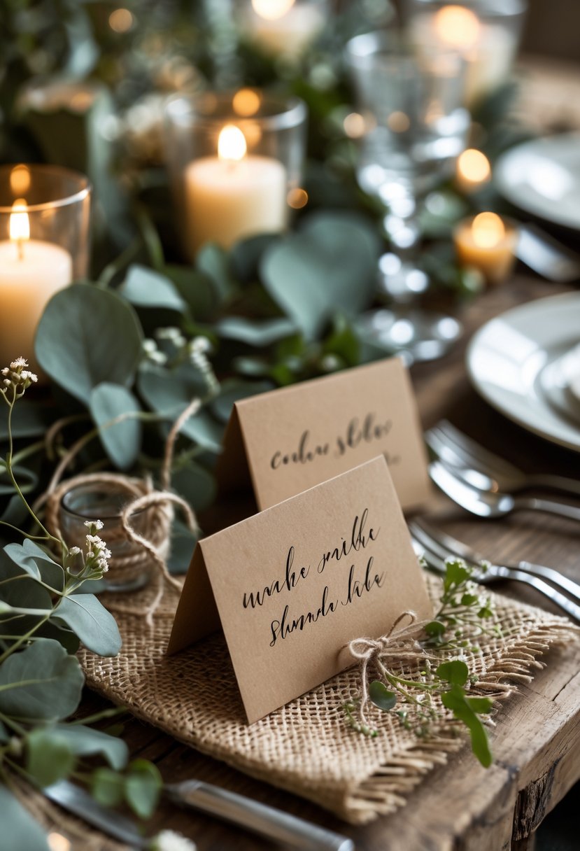 A close-up of a wedding table with kraft paper place cards, greenery, candles, and rustic decorations.