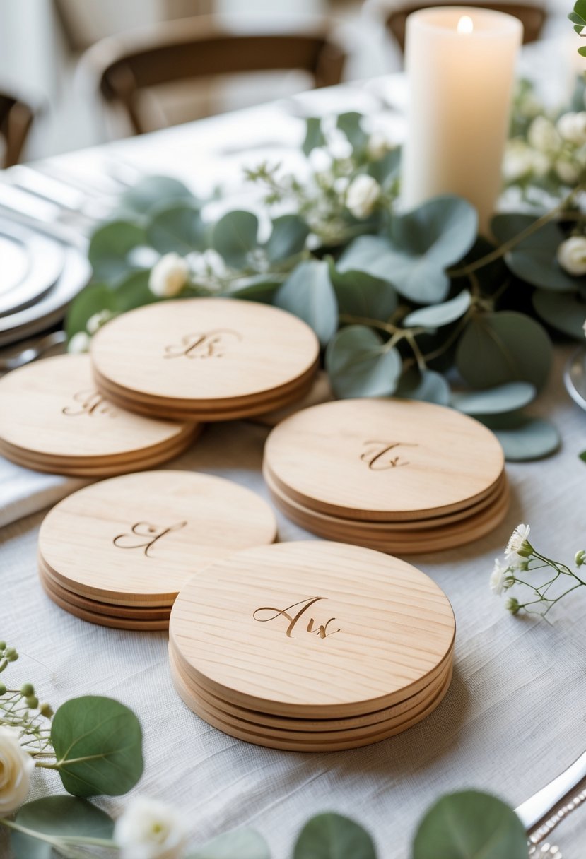 A set of personalized wooden coasters on a wedding table decorated with greenery and small white flowers.