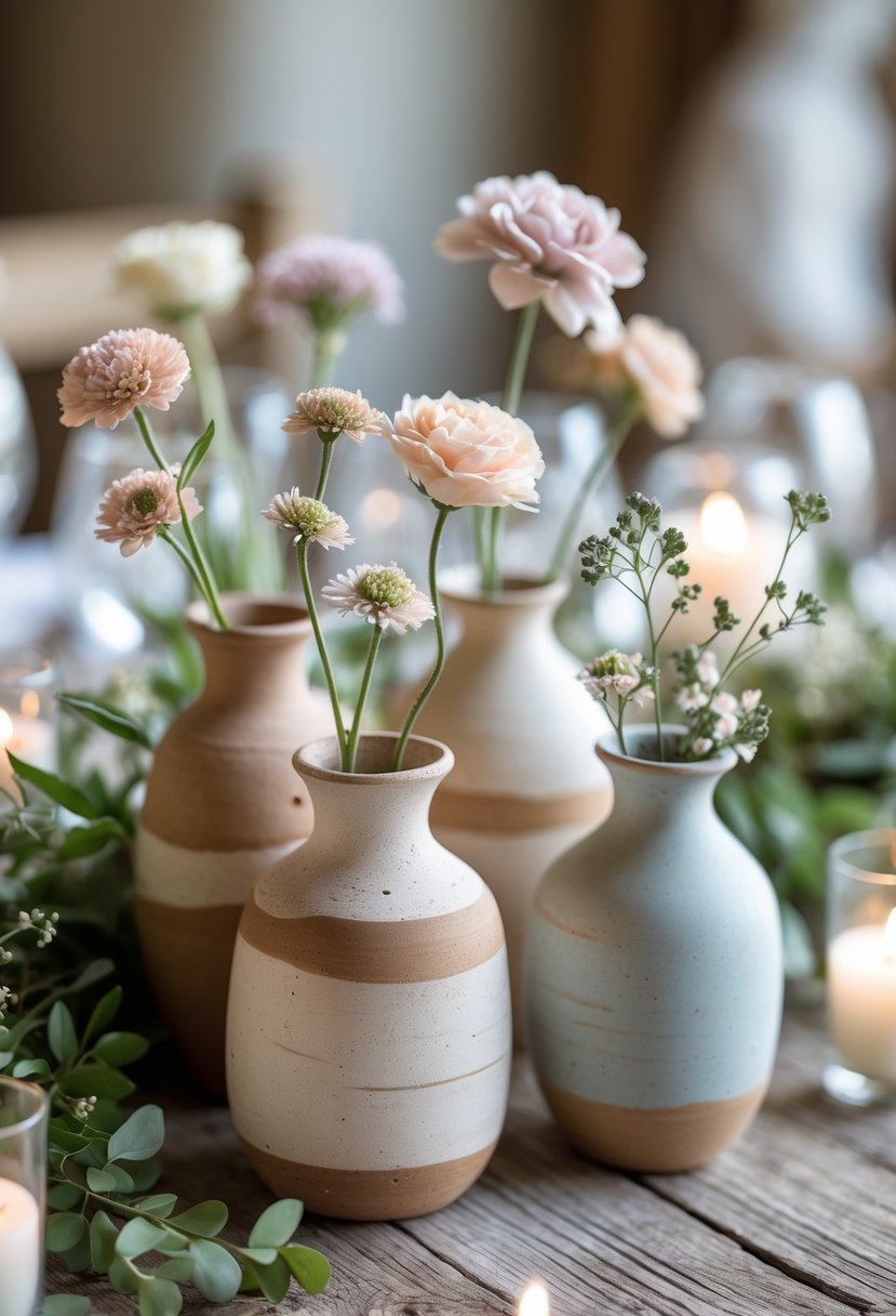 A wooden table with rustic ceramic bud vases holding small flowers and greenery, softly lit with candles.