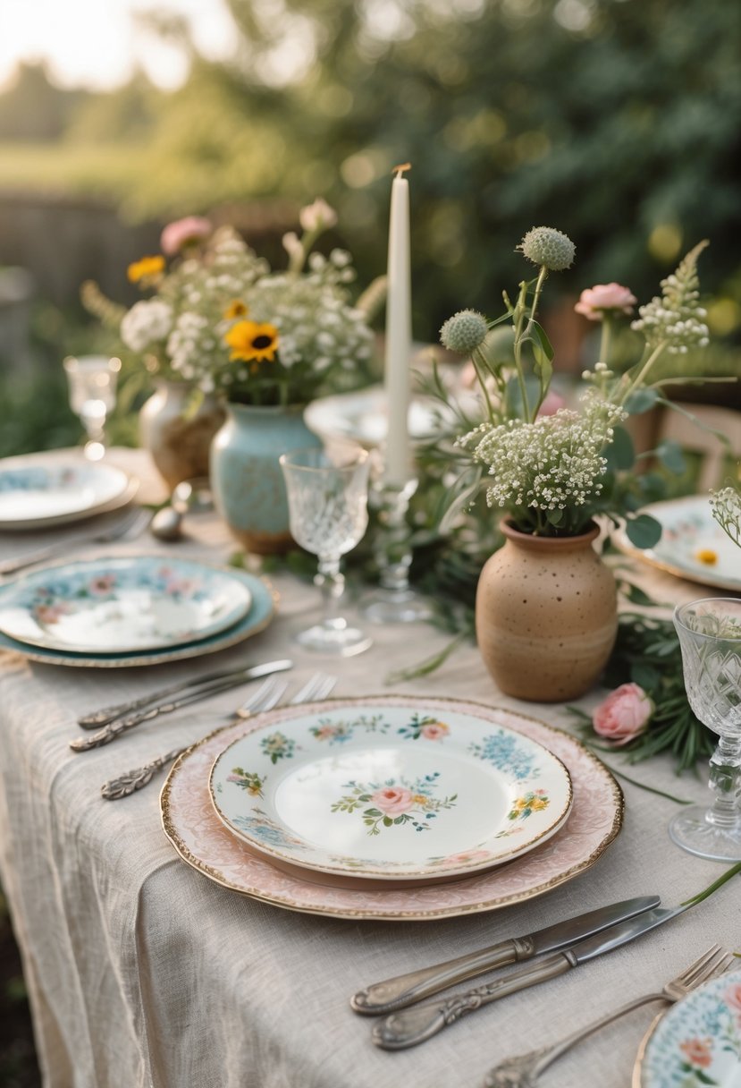 Wedding table with mismatched antique china plates, wildflower arrangements, and rustic table settings outdoors.