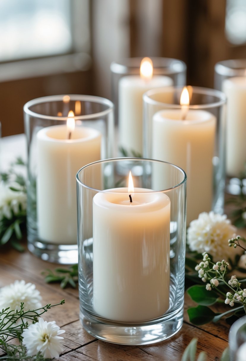 A table with simple white pillar candles in clear glass holders surrounded by greenery and small white flowers.