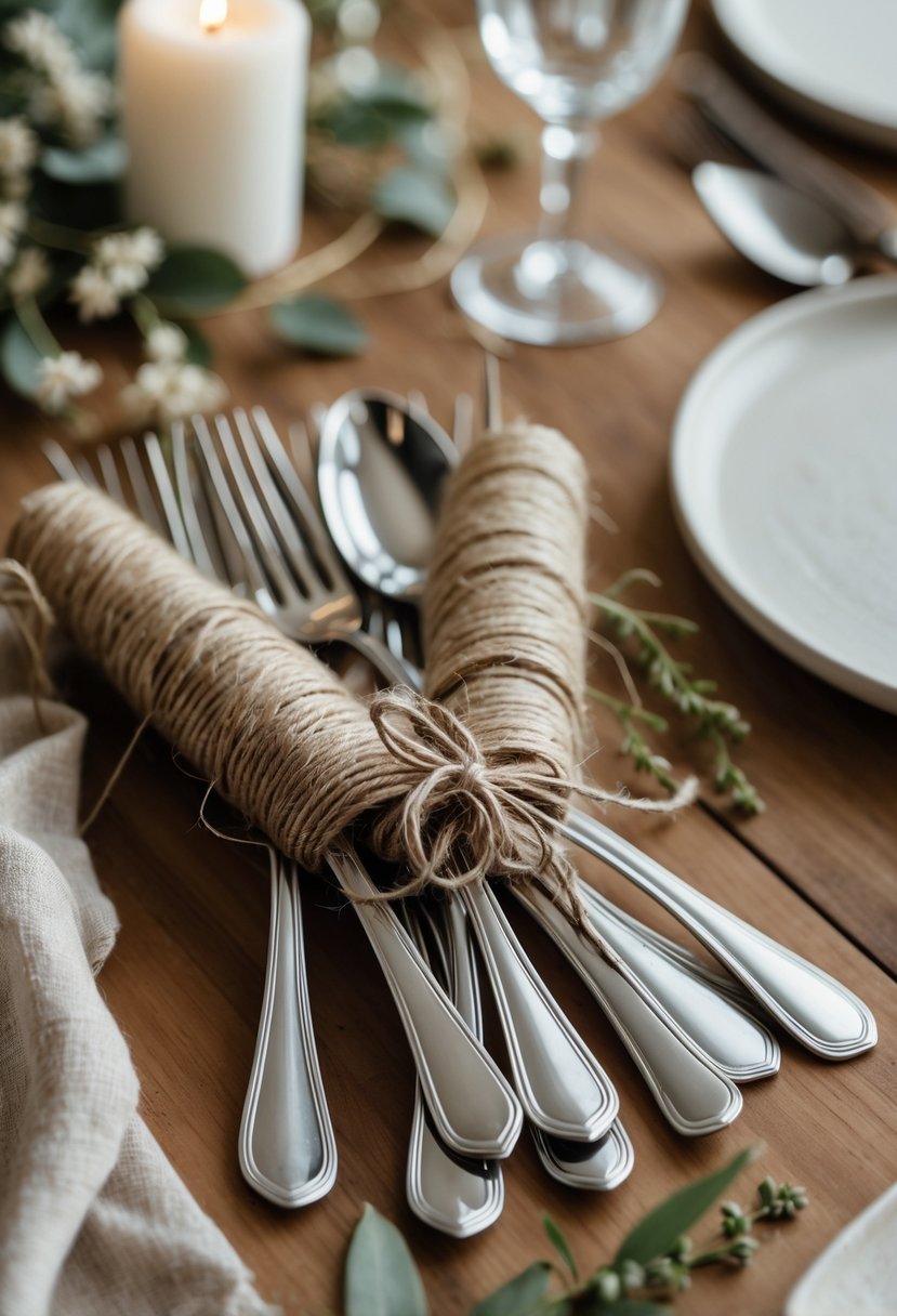 Bundles of cutlery wrapped with twine placed on a wooden table with simple floral and linen decorations.