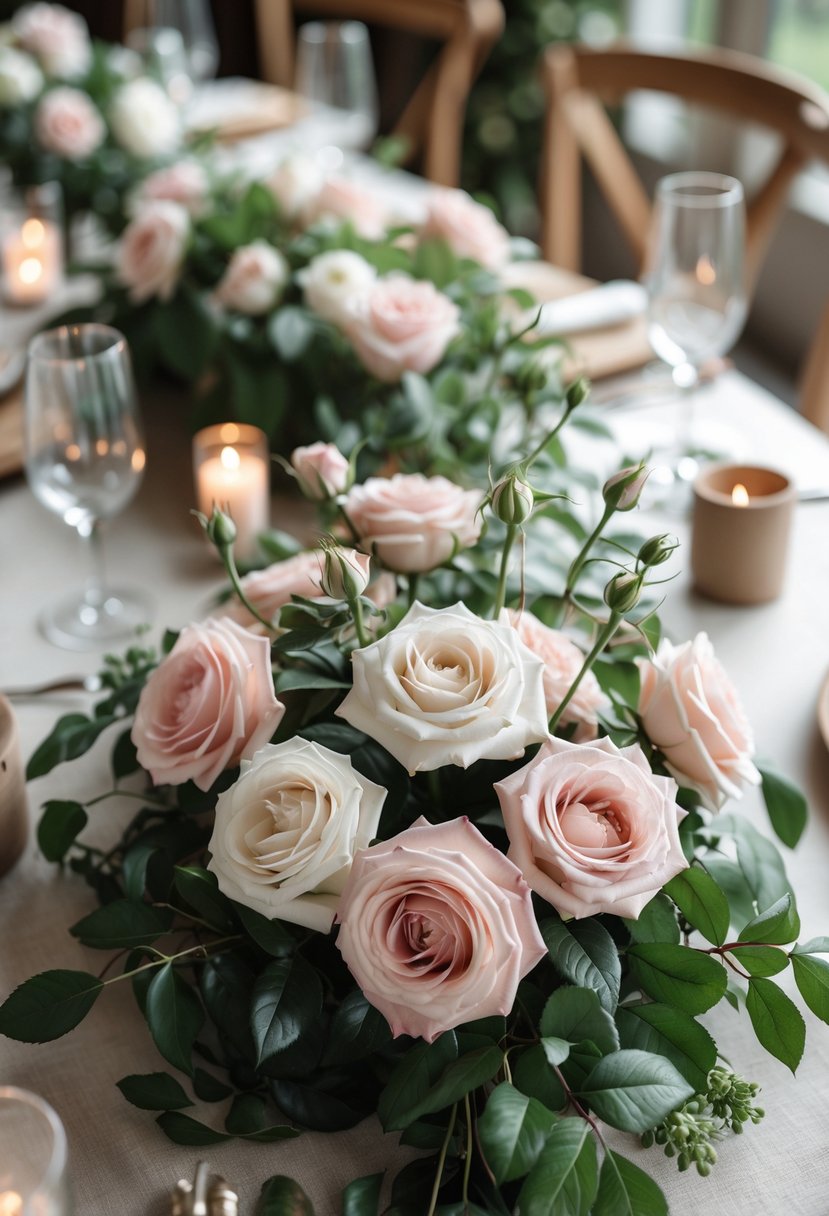 A wedding table decorated with low arrangements of fresh pink and white garden roses and green leaves, set with candles and tableware.