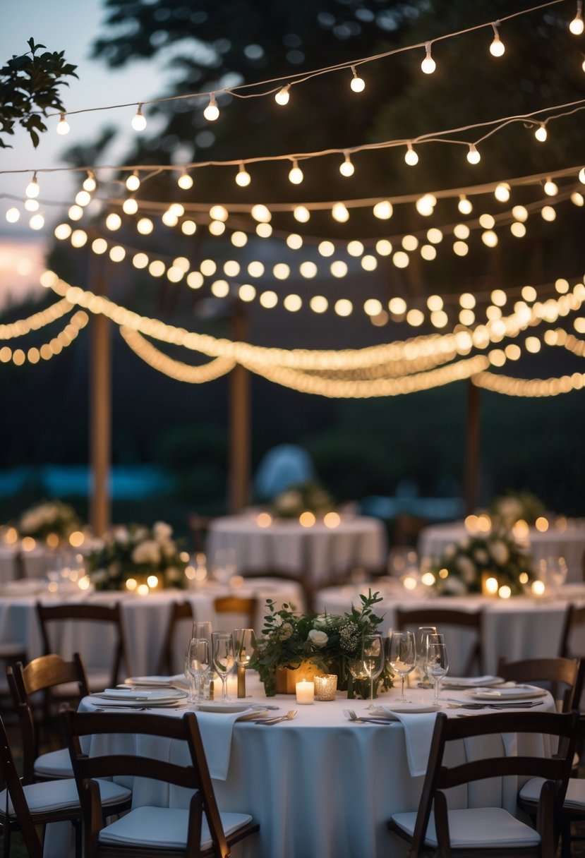 Outdoor wedding tables decorated with fairy lights hanging above, set with simple floral centerpieces and white linens.