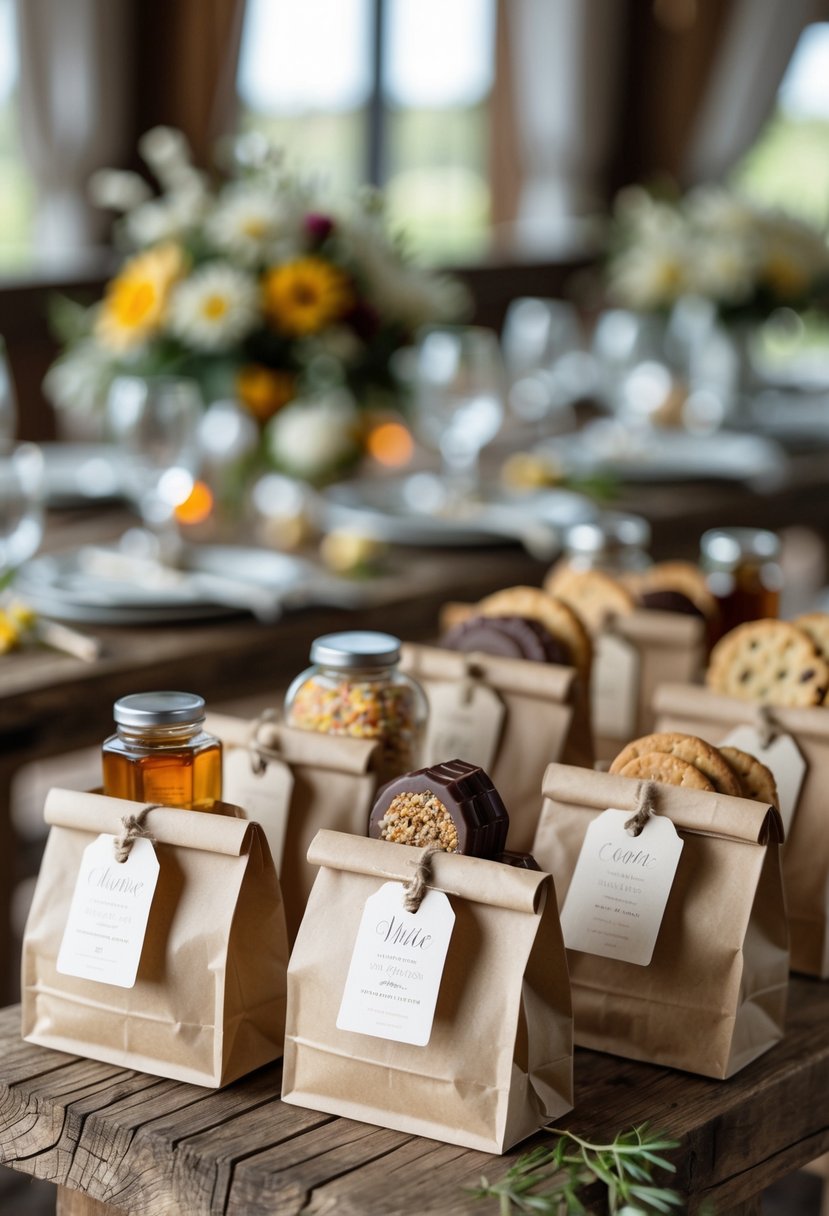 Personalized welcome bags filled with local treats arranged on a wooden table at a small wedding venue.