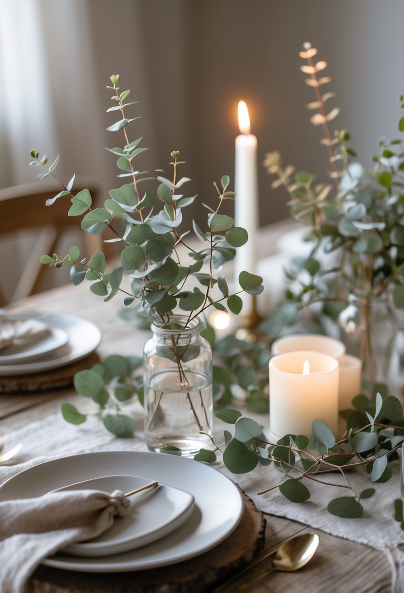 A wedding table decorated with simple eucalyptus sprigs in glass vases and scattered on a wooden surface, with soft lighting and candles.