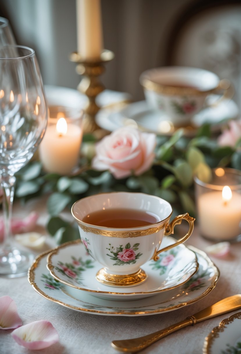 A wedding table with vintage porcelain tea cups, rose petals, candles, and greenery arranged for a romantic setting.