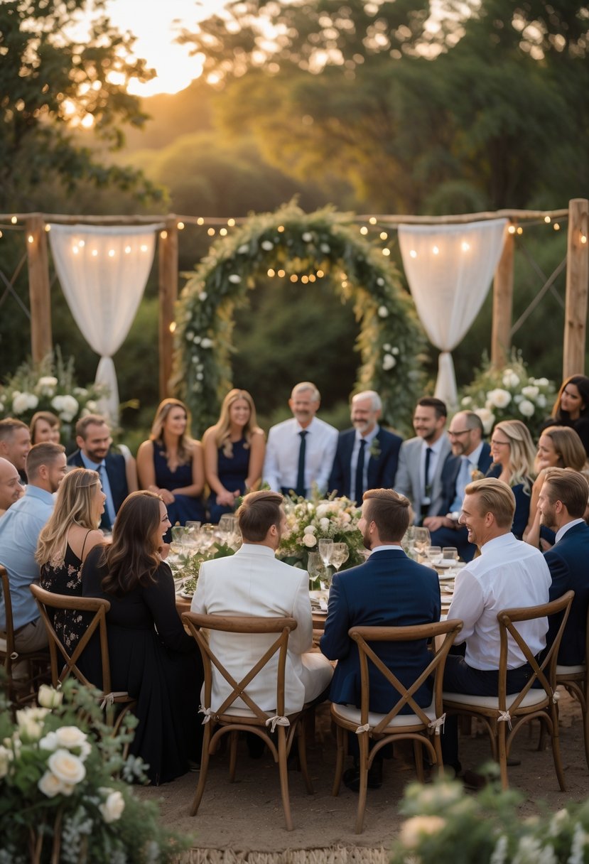 A small group of wedding guests seated in a cozy circle outdoors, engaging warmly with each other.