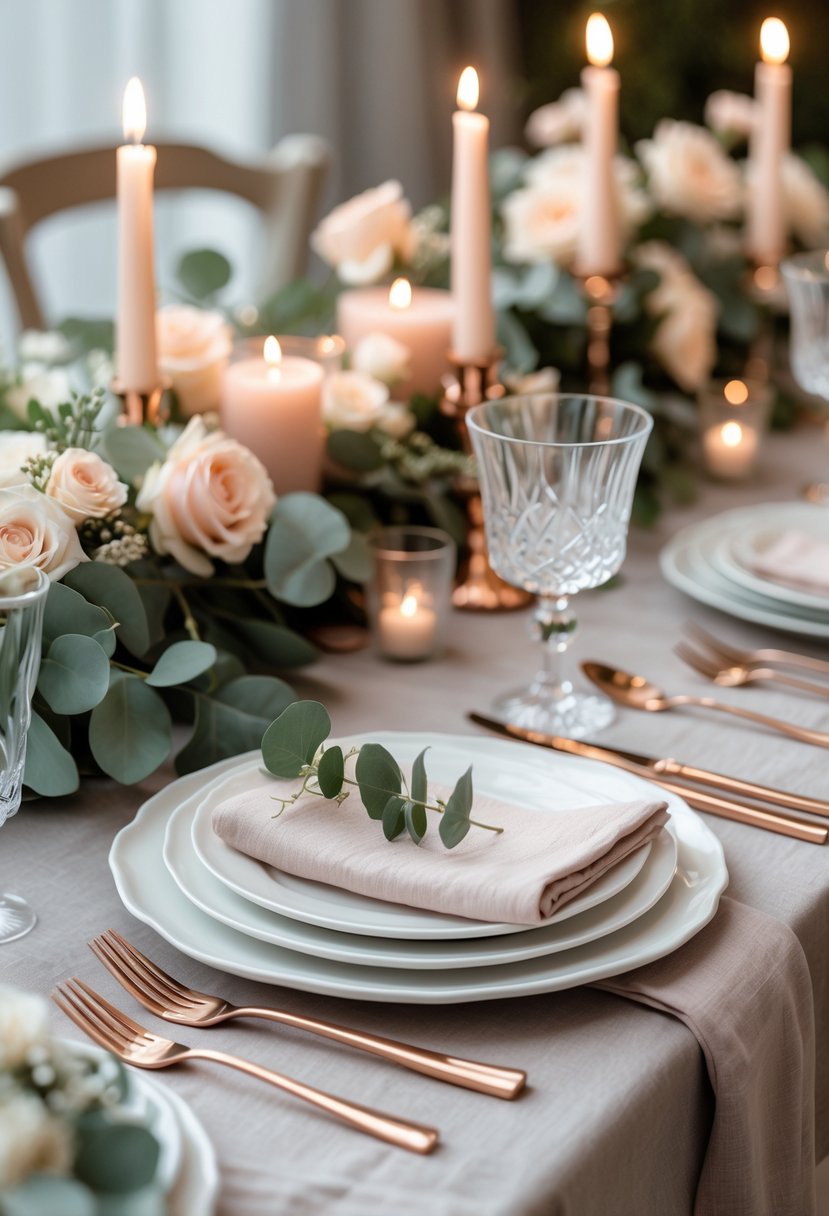 A wedding table set with rose gold cutlery, white plates, crystal glasses, candles, and floral arrangements.