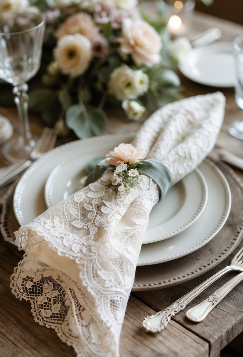 Ivory lace napkin wrapped around silverware on a rustic wooden wedding table with soft floral accents and glassware.