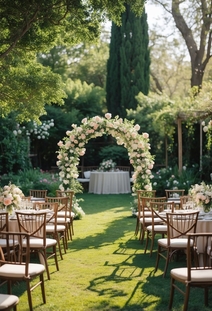 Outdoor garden wedding setup with wooden chairs and a floral arch surrounded by trees and flowers.