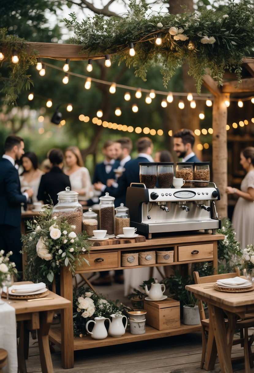 An intimate wedding setup for 50 guests featuring a specialty coffee and tea bar with elegant tables, floral decorations, and guests mingling nearby.