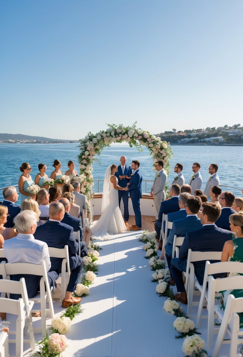 A small wedding ceremony on a private yacht with about 50 guests seated on deck, the couple standing under a floral arch exchanging vows on a sunny day.