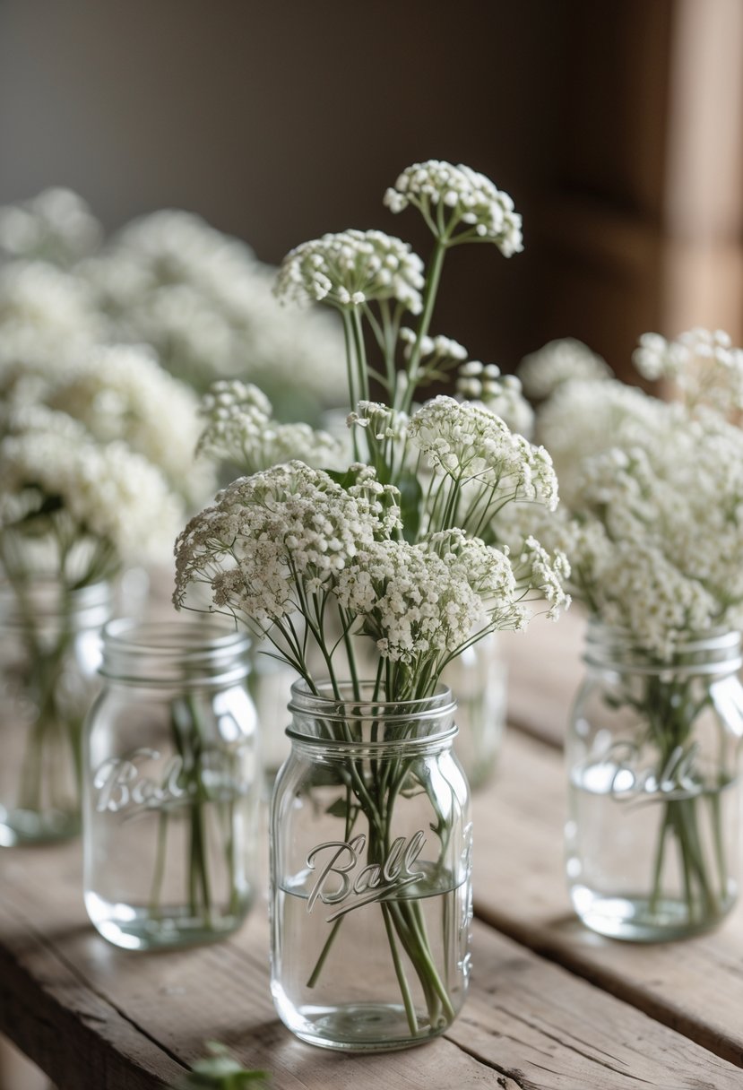 Several mason jars filled with white baby's breath flowers arranged on a wooden table as wedding centerpieces.