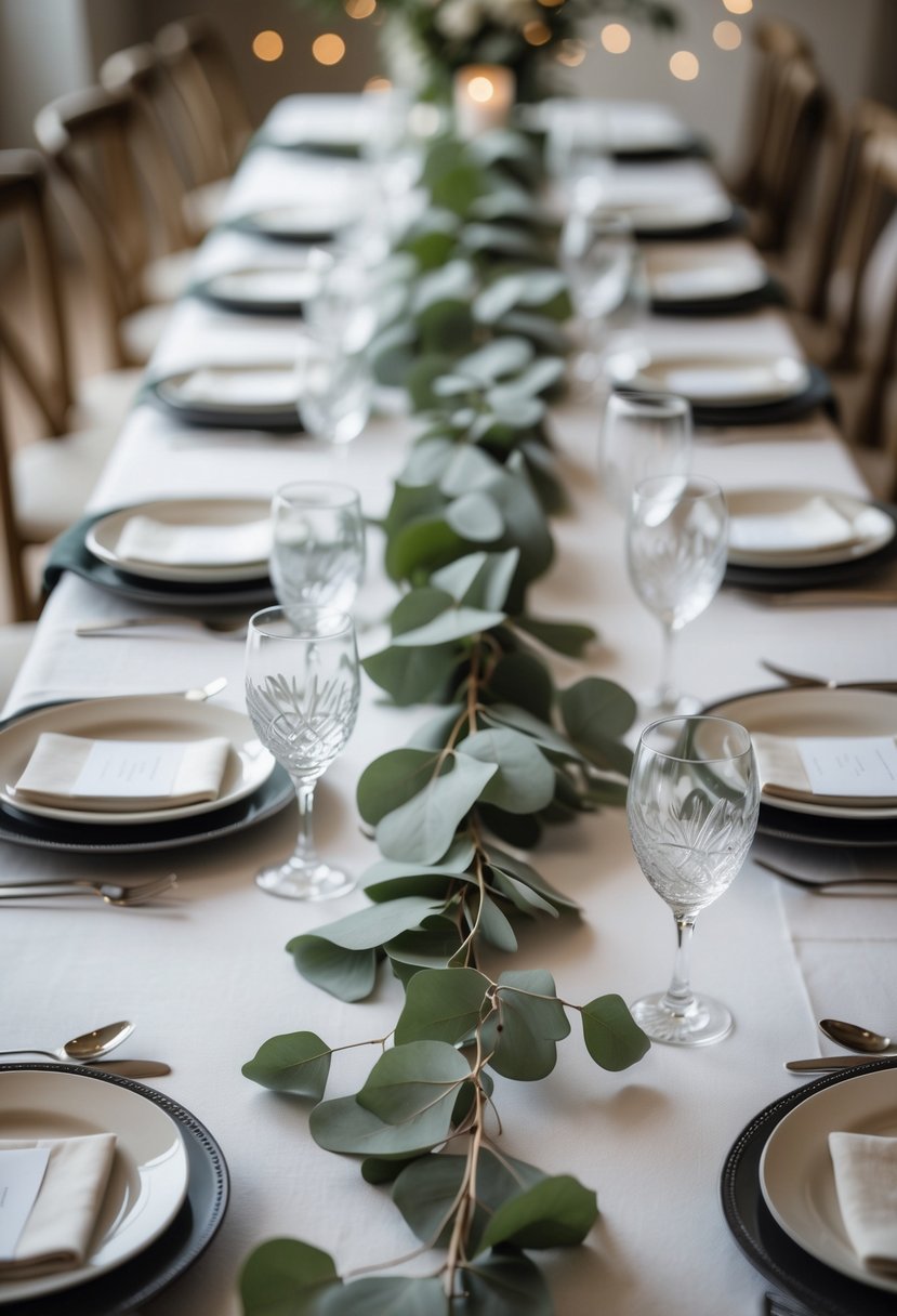 A wedding table decorated with eucalyptus garlands running down the center and simple table settings.