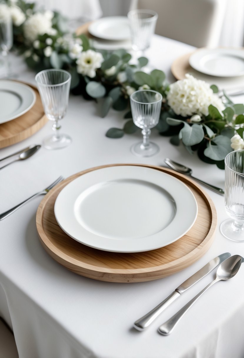 A wedding table set with light wood charger plates, white dishes, glassware, silver cutlery, and small green and white floral accents.