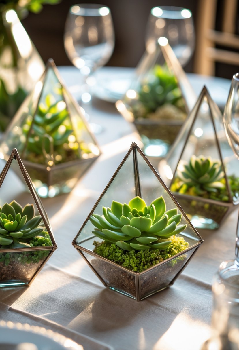 Small geometric glass terrariums with green succulents arranged on a wedding table.