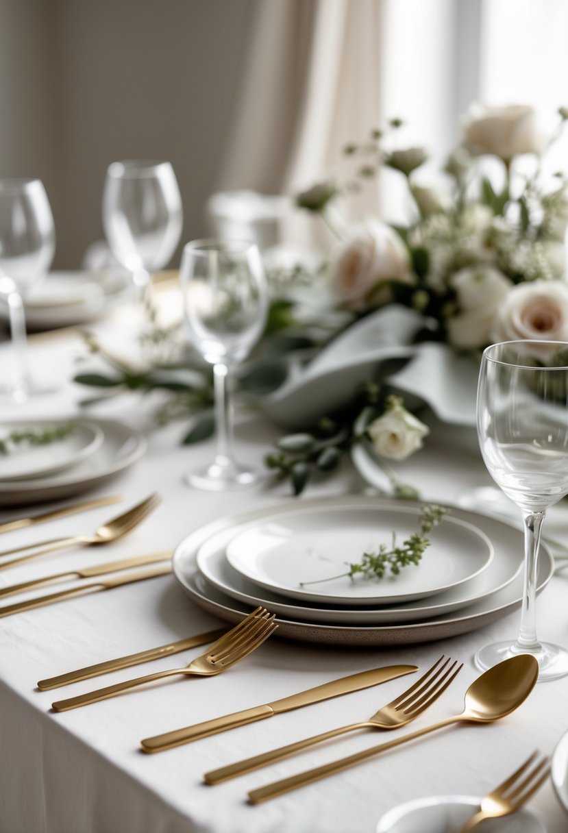A wedding table set with slim gold cutlery, white plates, clear glasses, and simple floral decorations.