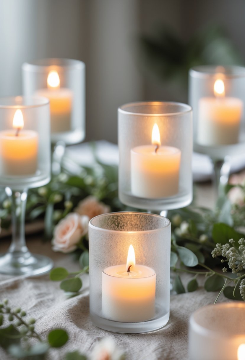 A table with frosted glass votive candles glowing softly, surrounded by greenery and floral accents.