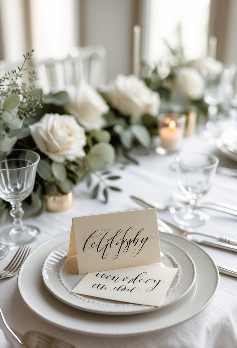 A wedding table set with handwritten calligraphy place cards, simple floral arrangements, and elegant tableware.