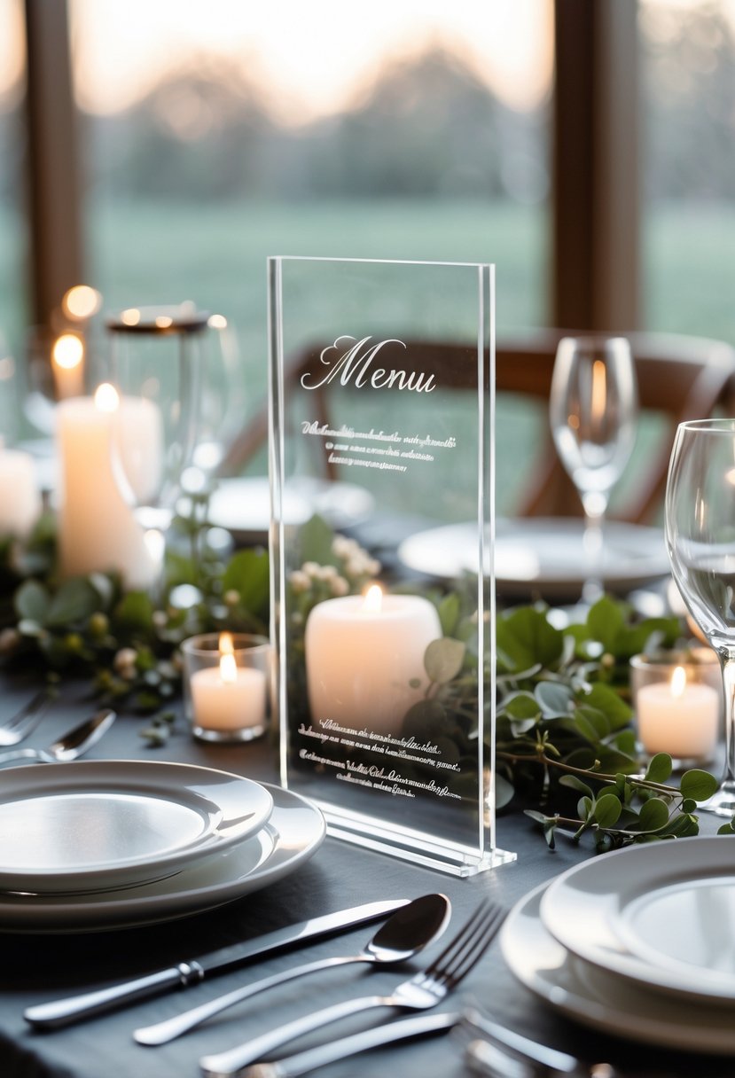 A wedding table with transparent acrylic menus and simple black font, surrounded by minimal decorations including candles, green foliage, and white tableware.