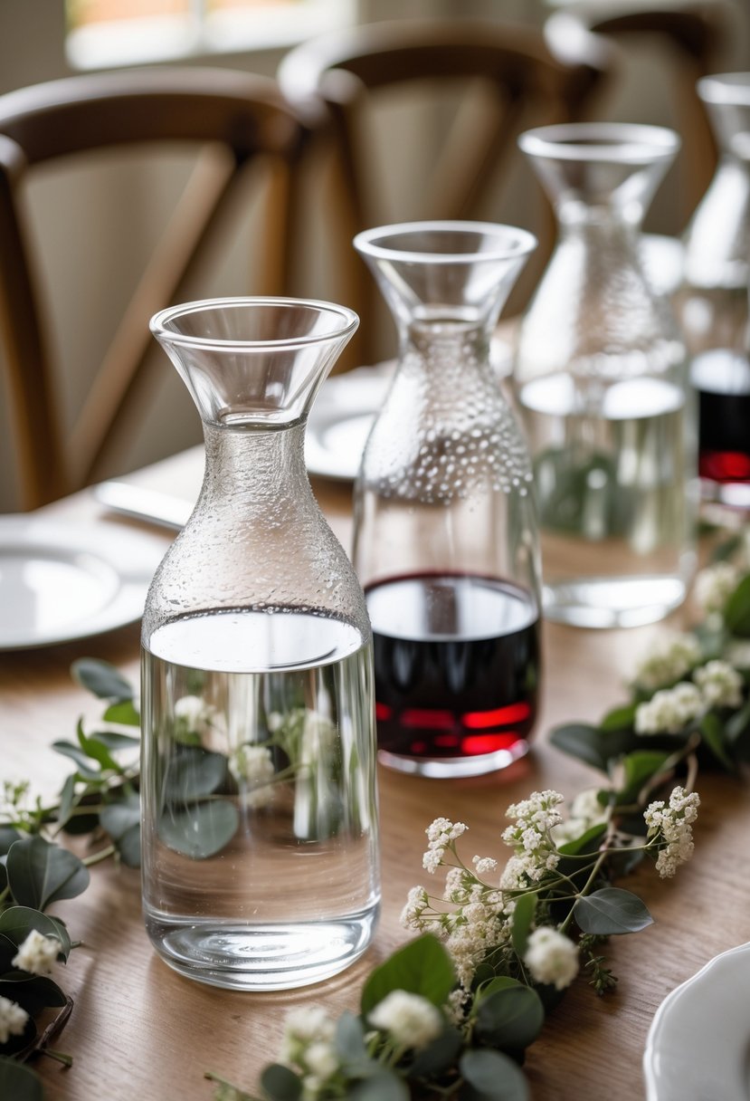 A wedding table with simple glass carafes filled with water and wine, decorated with greenery and small white flowers.