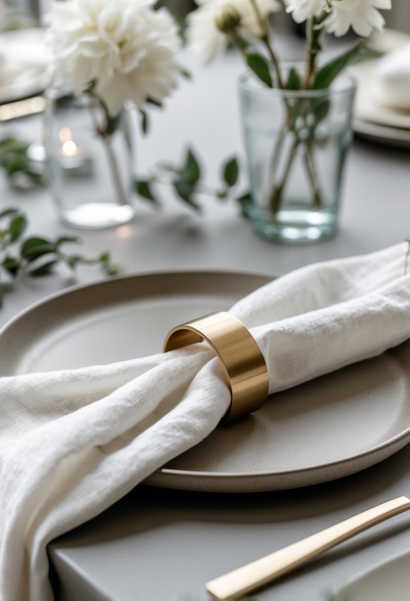 Close-up of a wedding table setting with brushed brass napkin rings around white napkins on a plate, surrounded by greenery and flowers.