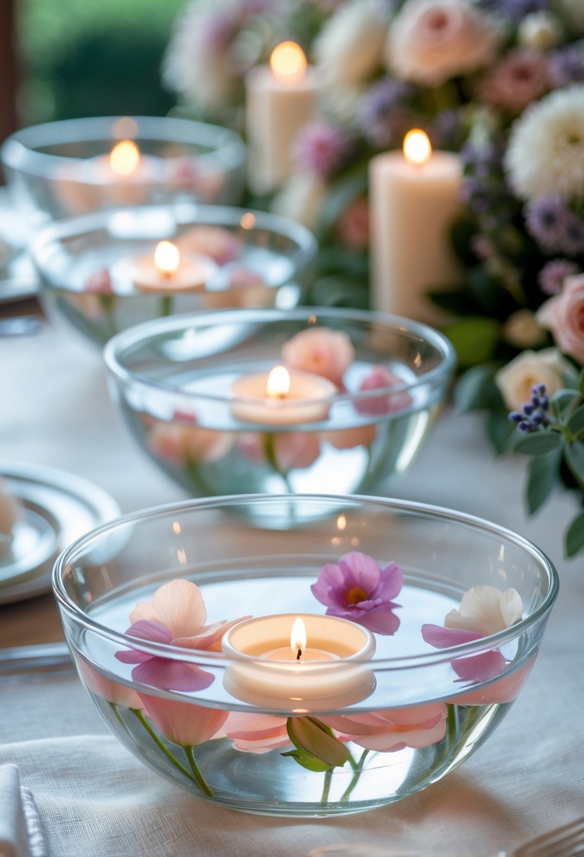 Wide glass bowls filled with water holding floating lit tea lights and flower petals arranged on a table at a small wedding.