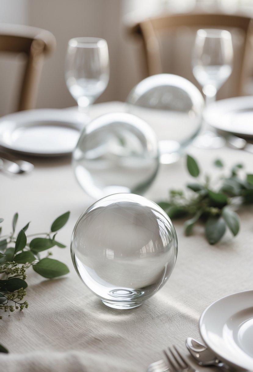 Three clear glass orbs arranged as centerpieces on a wedding table with simple greenery and tableware.