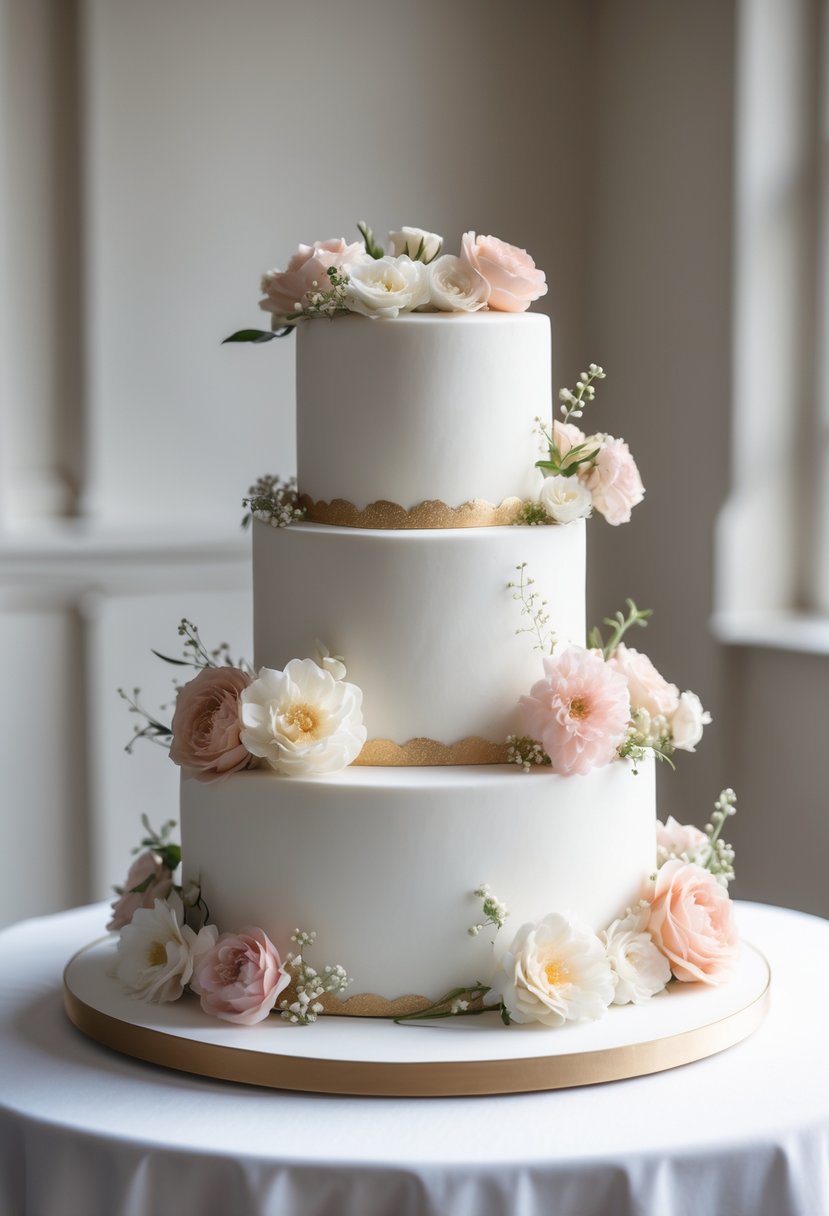 Two-tier wedding cake with gold accents and delicate flowers on a white tablecloth in an intimate wedding setting.