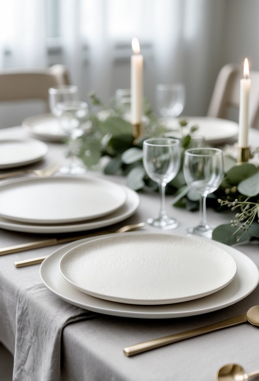 A wedding table set with off-white textured porcelain plates, simple greenery, and muted napkins on a softly lit table.