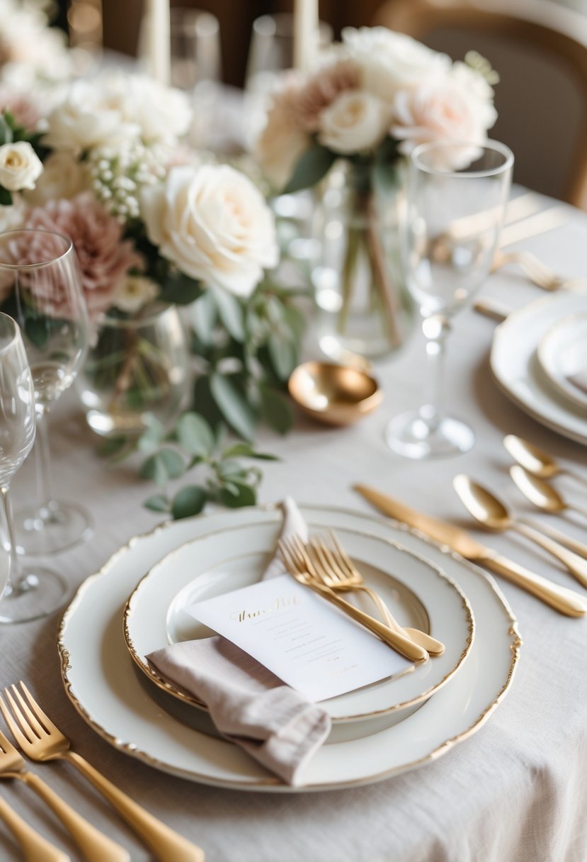 A wedding table set with soft gold flatware, white plates, simple floral arrangements, and greenery on a neutral-colored tablecloth.