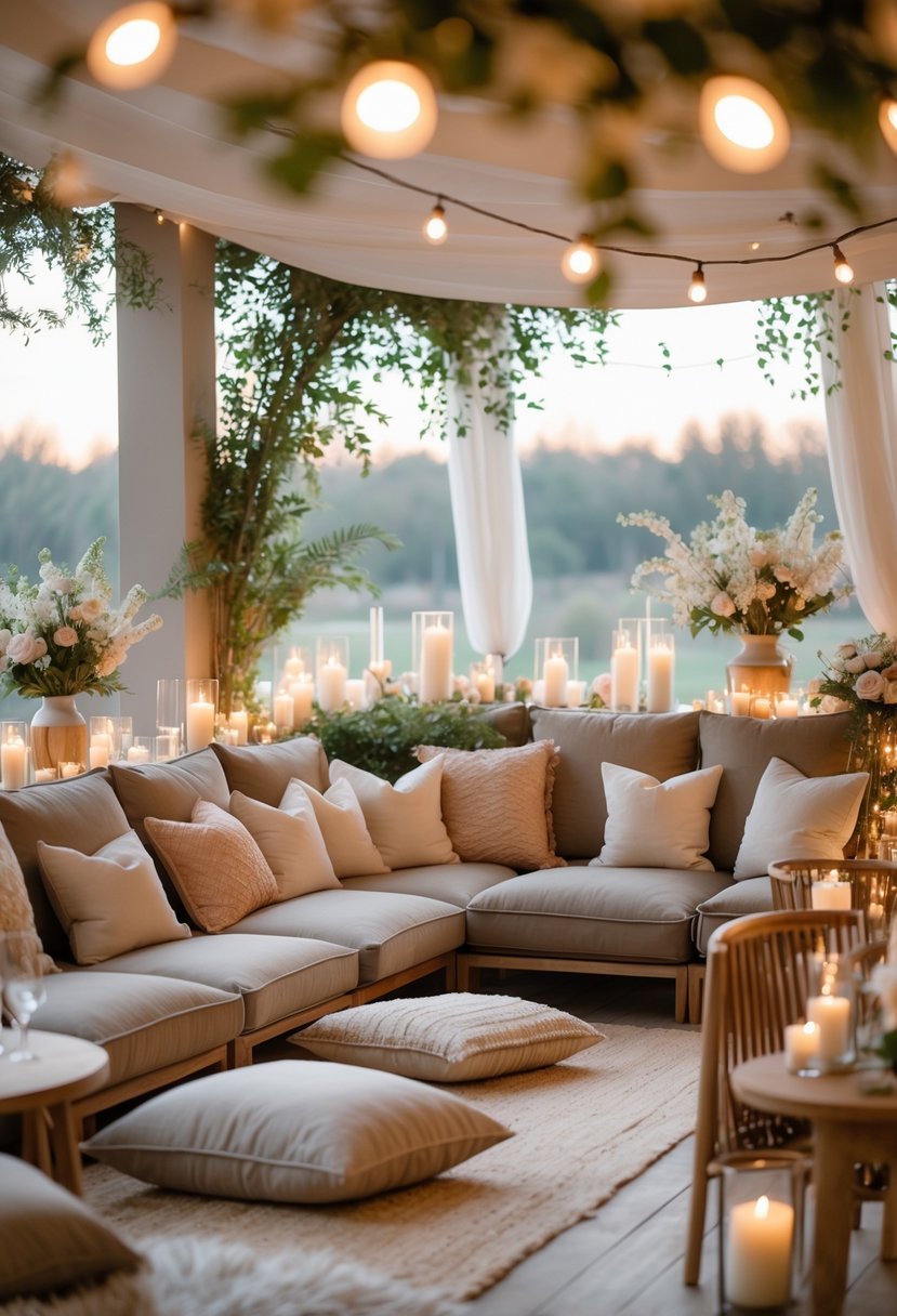 A cozy lounge area with plush pillows and soft lighting arranged for a small wedding gathering.