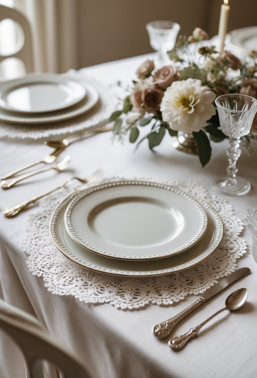 A wedding table with delicate lace doilies under plates, floral arrangements, and silverware.