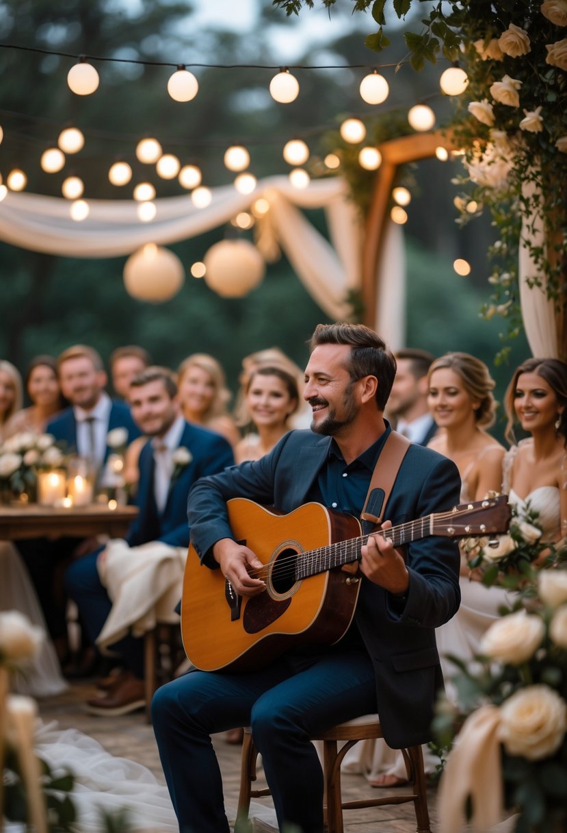 A live acoustic musician playing guitar at a small wedding with guests seated nearby enjoying the performance.