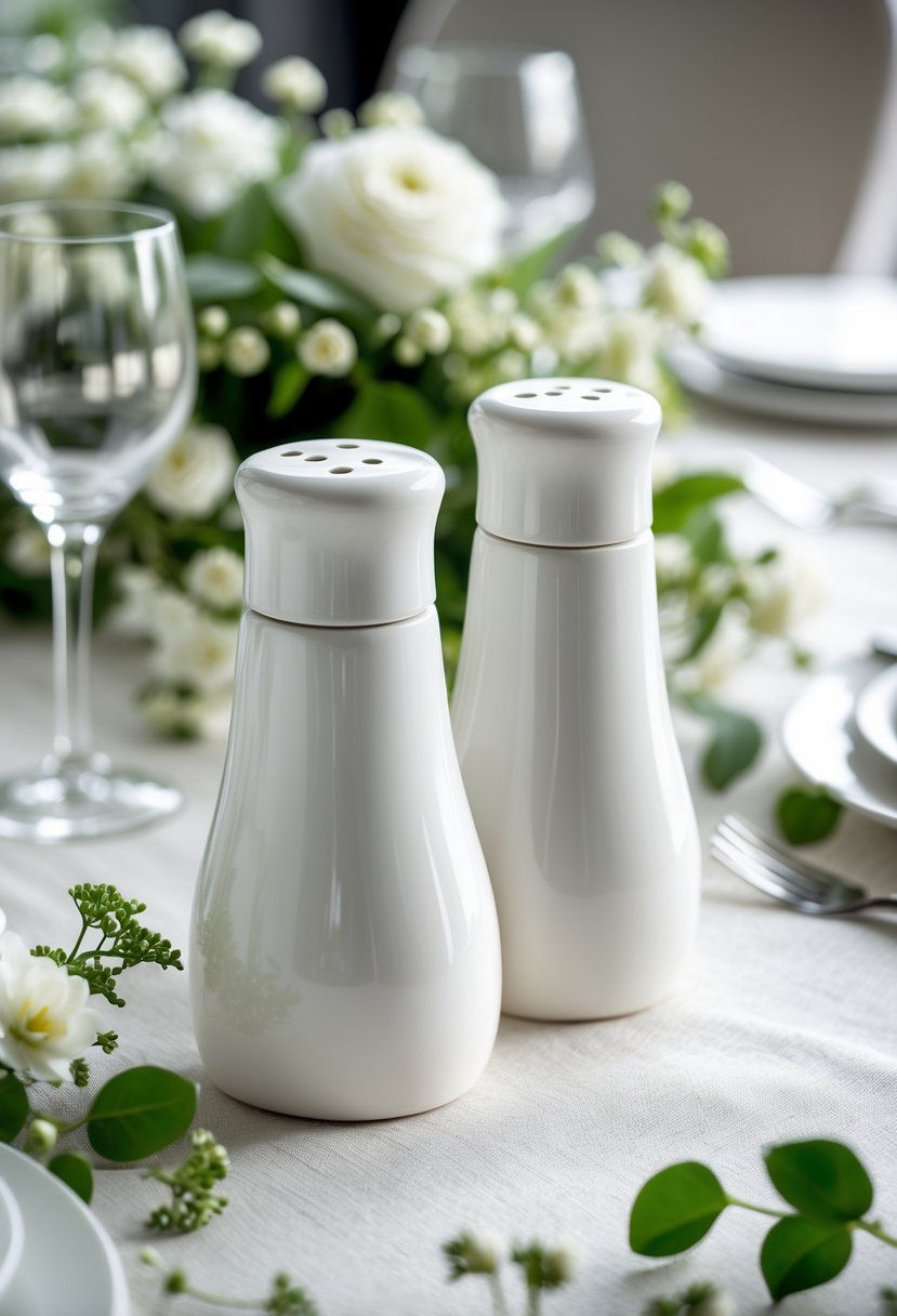 A pair of white ceramic salt and pepper shakers on a wedding table with greenery and flowers.