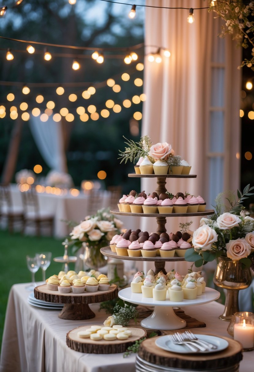 A midnight dessert bar with mini treats set up outdoors for a small wedding, decorated with flowers and soft lighting.