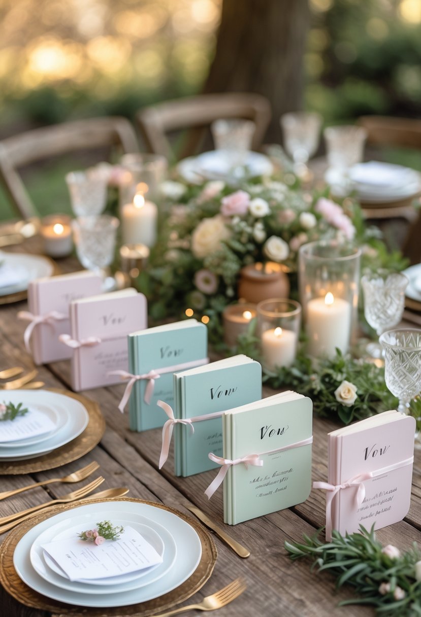 A small wedding table set with personalized vow books, floral decorations, candles, and place settings for guests in an outdoor garden.