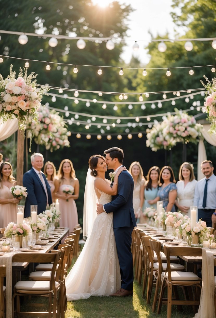 A small outdoor wedding with about 50 guests, showing the bride and groom surrounded by family and friends in a garden decorated with flowers and string lights.