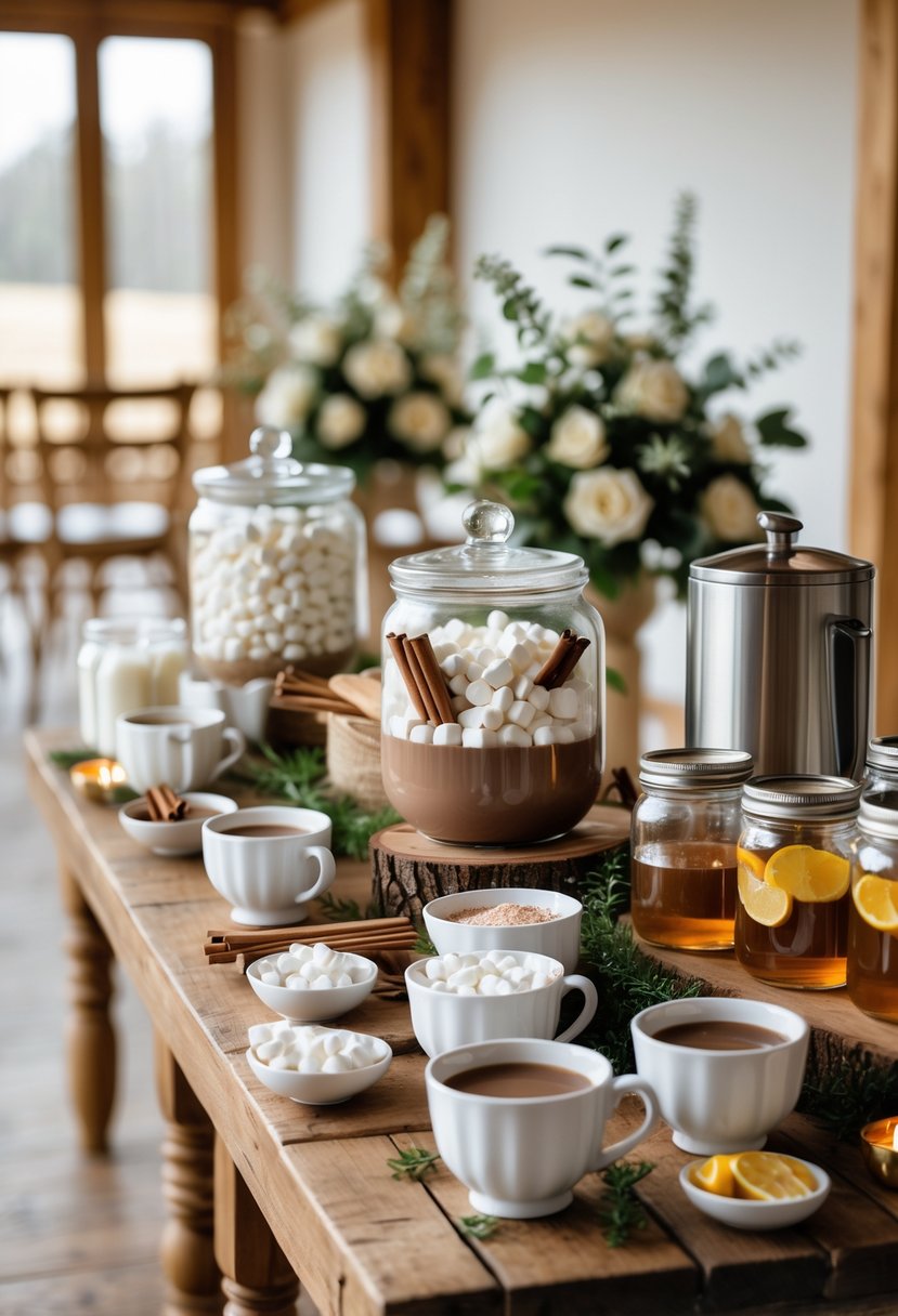A cozy hot cocoa and tea station set up on a wooden table with mugs, jars of marshmallows and cinnamon sticks, thermal carafes, and floral decorations at a small wedding reception.