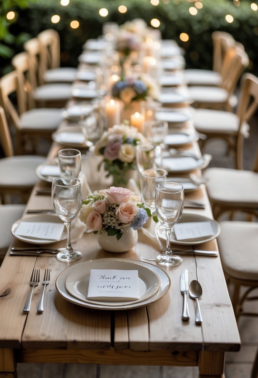 A small wedding reception table set for 50 guests with handwritten thank-you notes at each seat, surrounded by flowers and soft lighting.