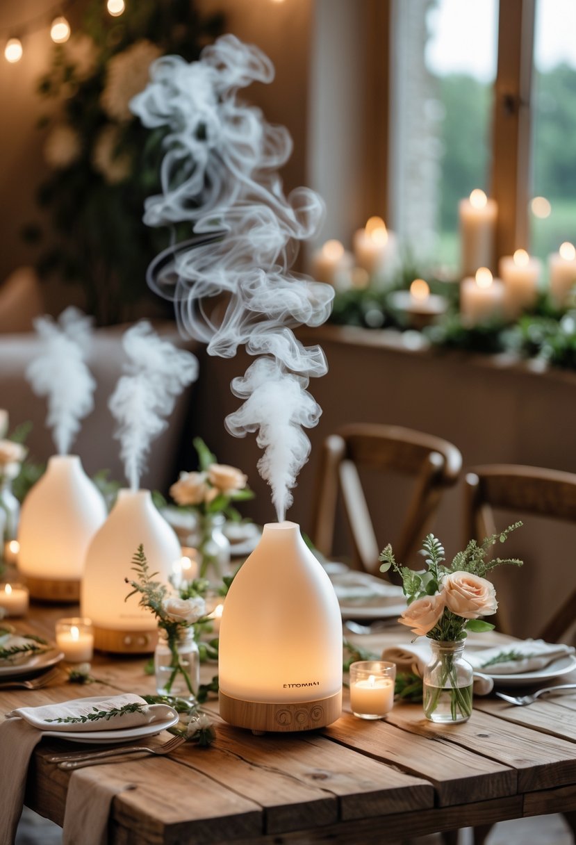 A cozy indoor scene with aromatherapy diffusers, candles, flowers, and rustic table settings arranged for a small wedding gathering.
