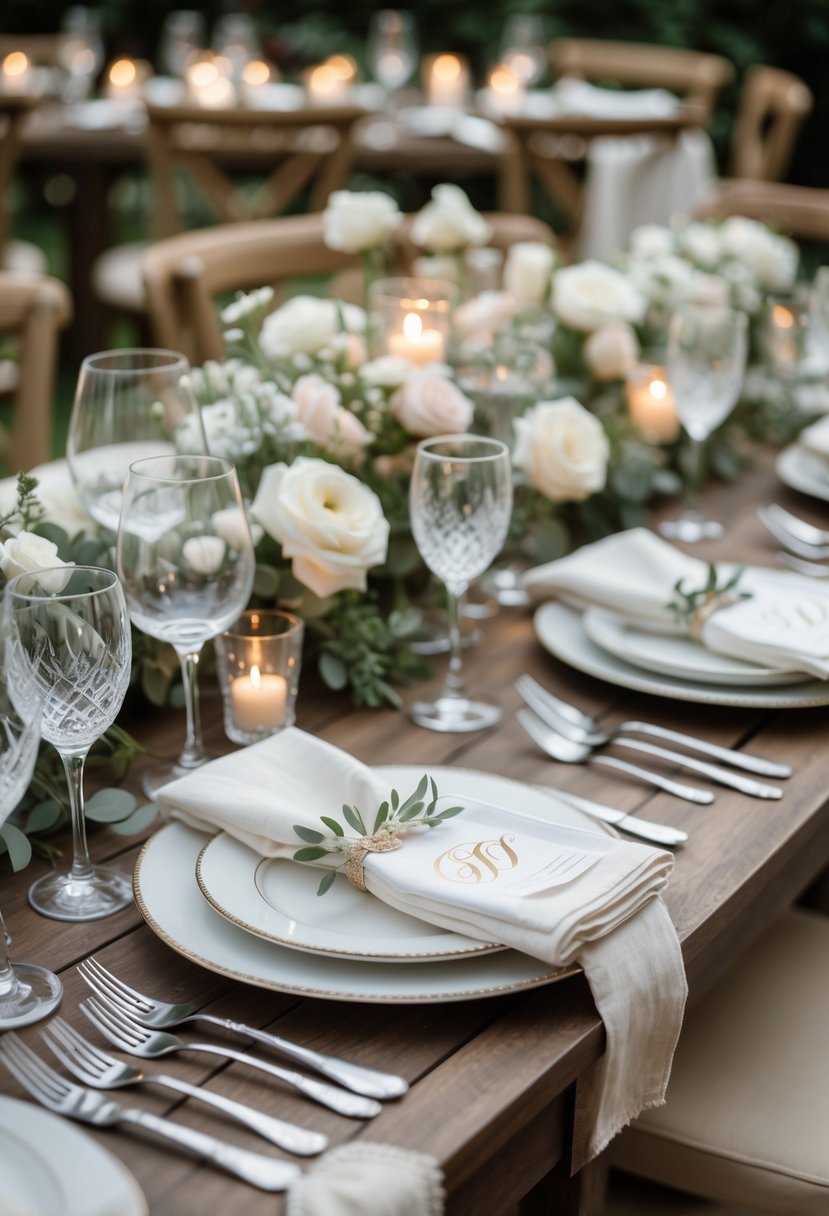 A small wedding table set with monogrammed napkins, glasses, floral centerpieces, and wooden chairs in an intimate outdoor setting.