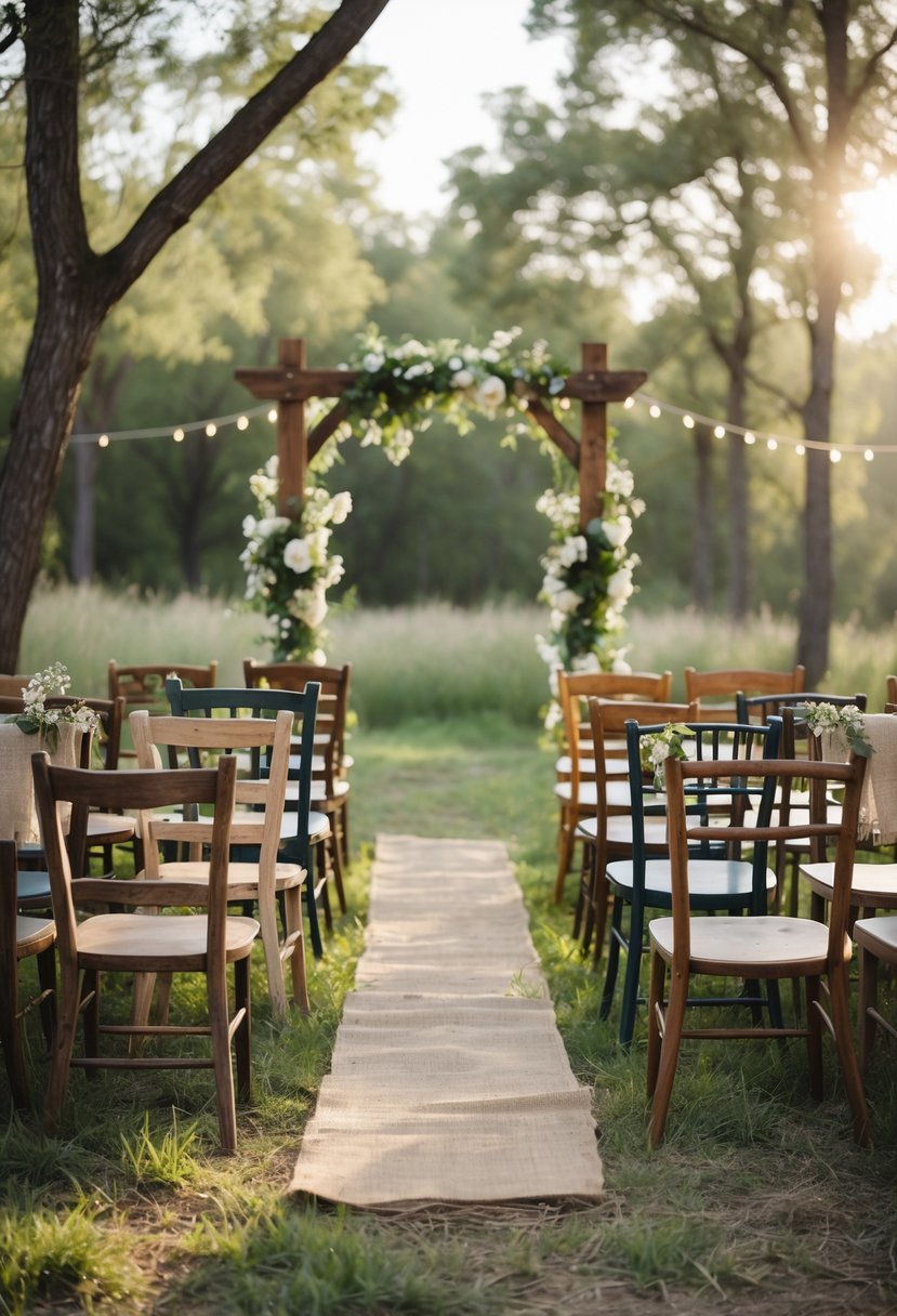 Outdoor wedding seating area with mismatched wooden chairs arranged in rows under trees and a decorated wooden arch.