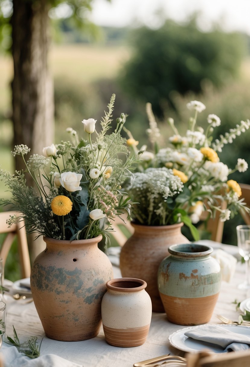 A rustic outdoor wedding table with aged pottery used as flower vases, decorated with wildflowers and greenery.