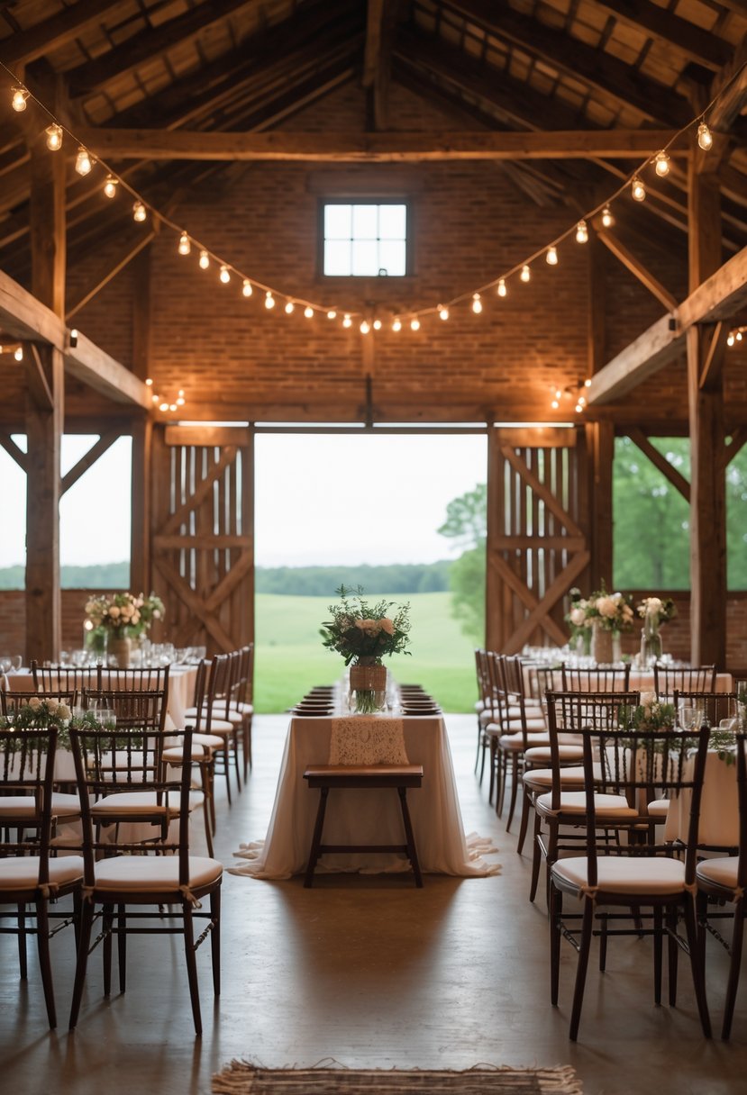 A small wedding setup inside a rustic barn with wooden chairs, floral decorations, and warm lighting.