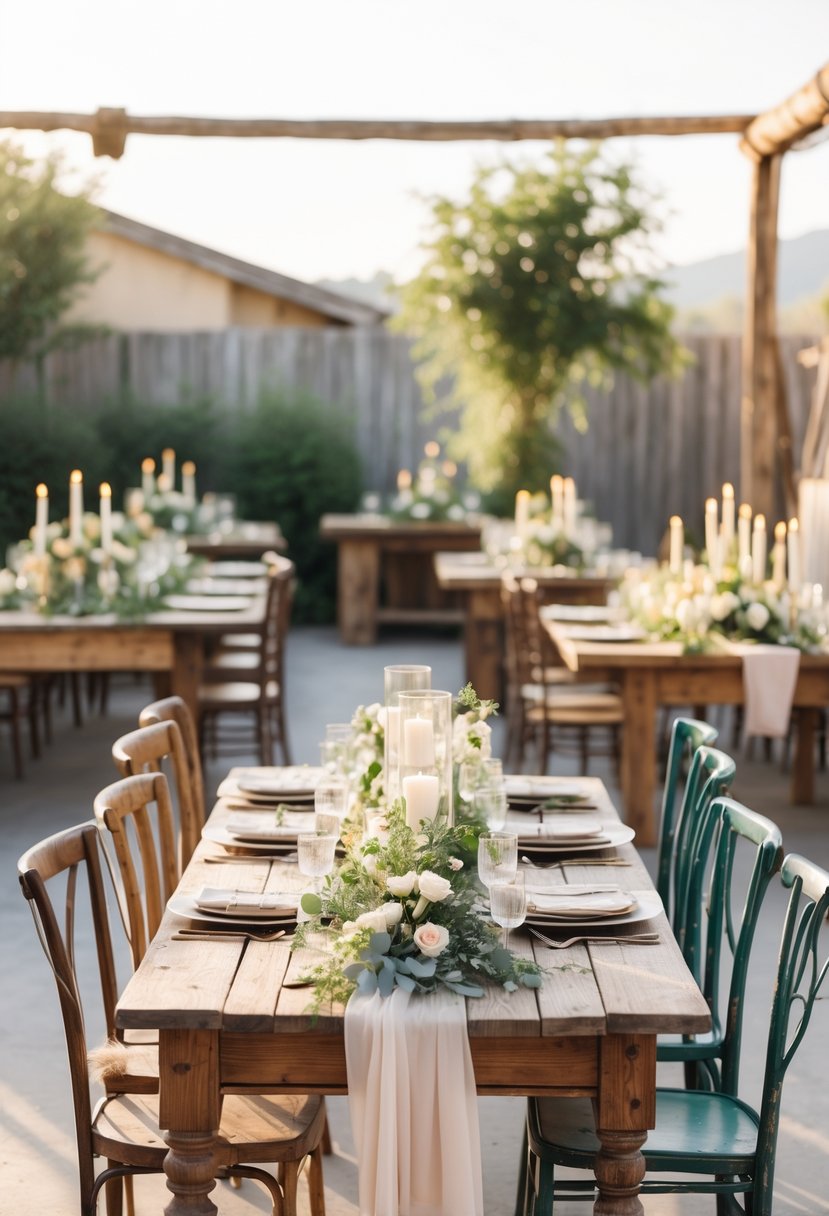 A small wedding reception area with wooden tables and mismatched chairs arranged for guests, decorated with flowers and candles.