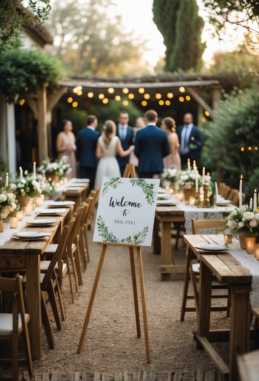 An outdoor garden wedding setup with rustic wooden tables and hand-painted welcome signs surrounded by flowers and greenery, with guests mingling in the background.