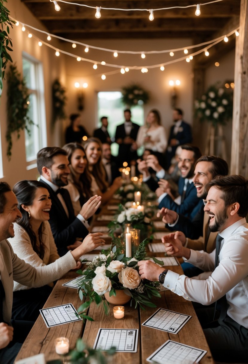 A small group of wedding guests playing charades and trivia games around a wooden table in a warmly lit, cozy wedding venue.