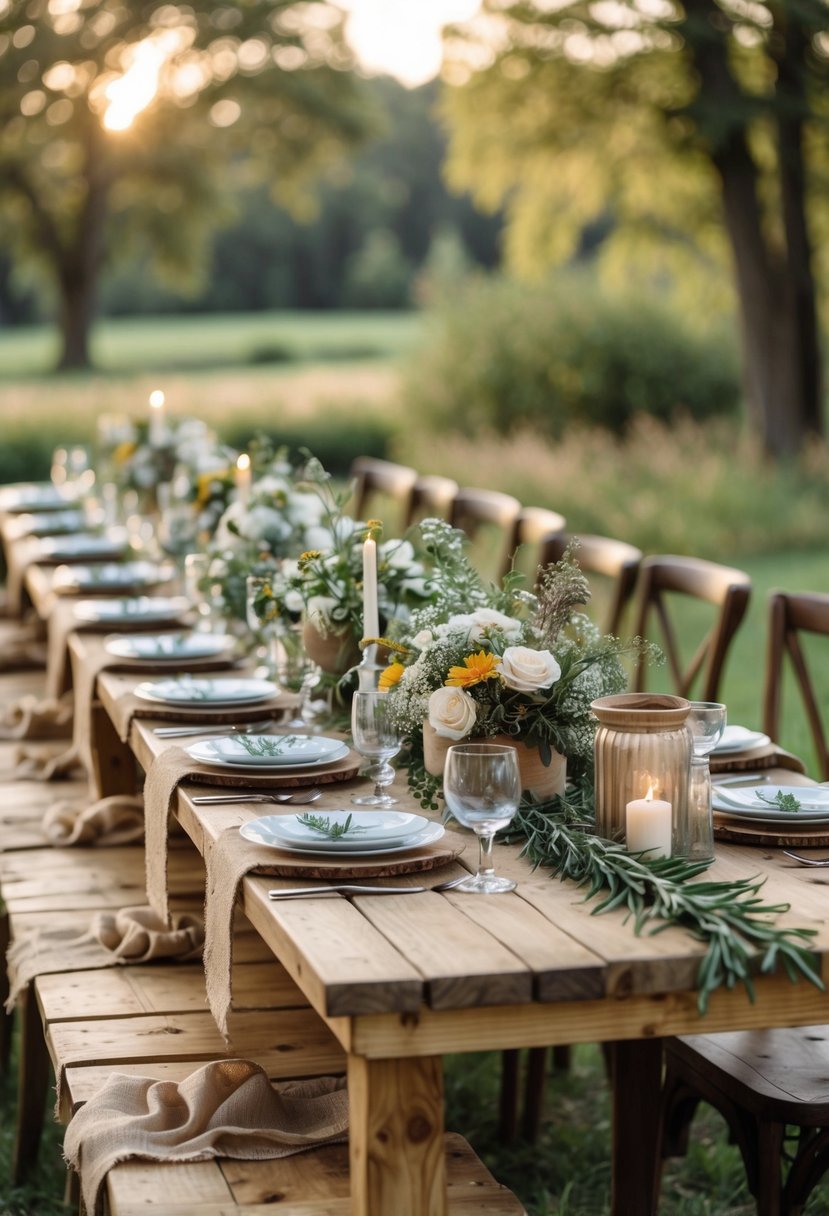Outdoor wedding tables with burlap runners, floral centerpieces, plates, and candles set for a small gathering.